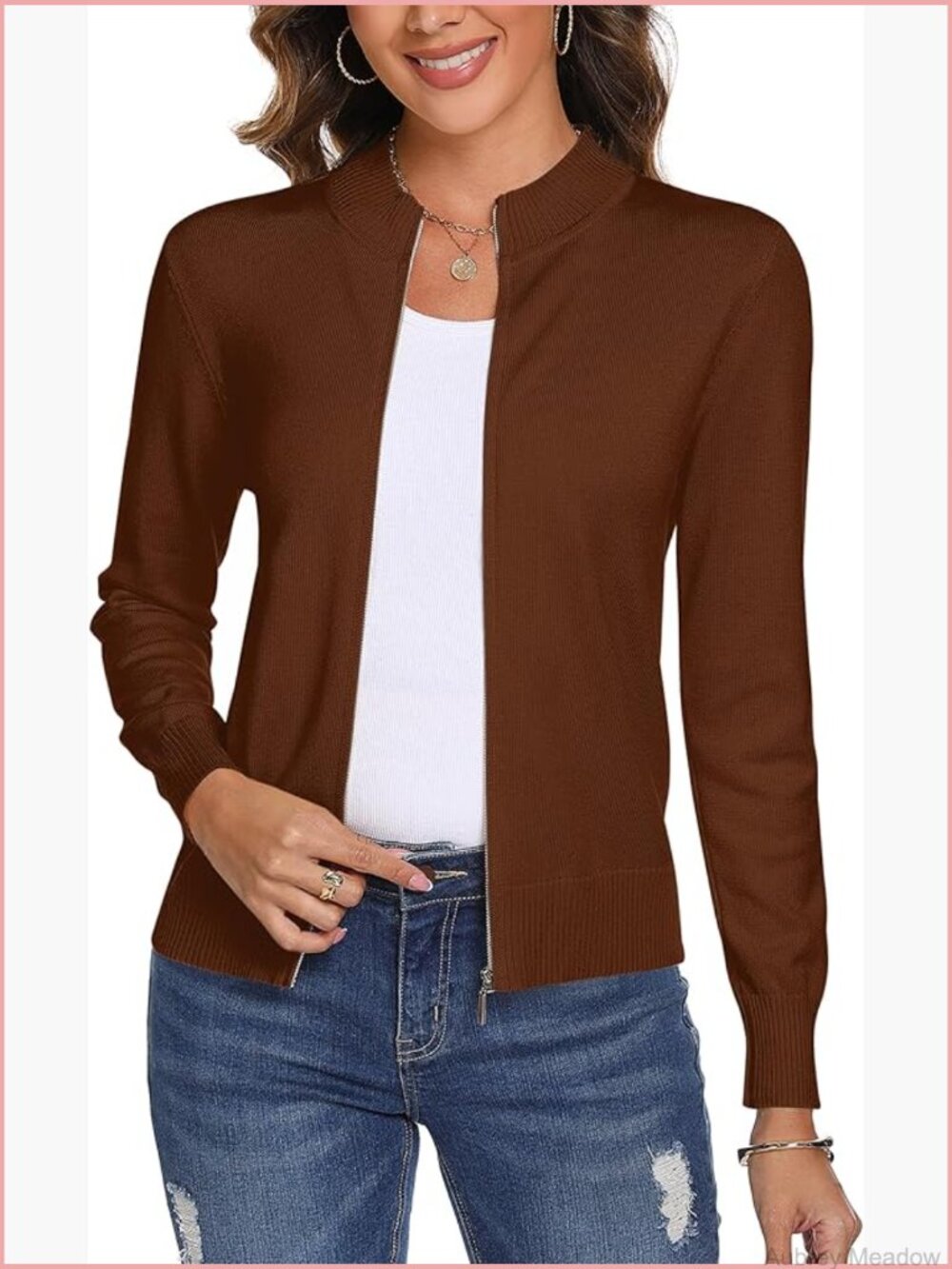 Womens Long Sleeve Knitted Zip Up Cardigan Sweater Lightweight Zipper